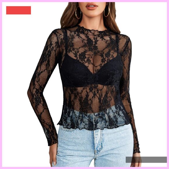 Tops - Sheer Mesh Long Sleeve Mock Neck Blouse Floral Lace Top